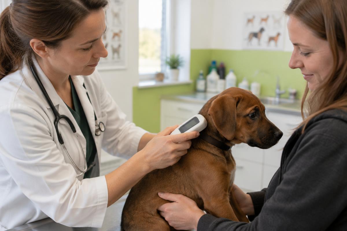 Veterinářka načítá mikročip štěněti v ordinaci