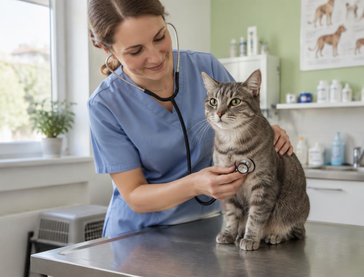 Veterinářka poslouchá stetoskopem kočku na ošetřovacím stole
