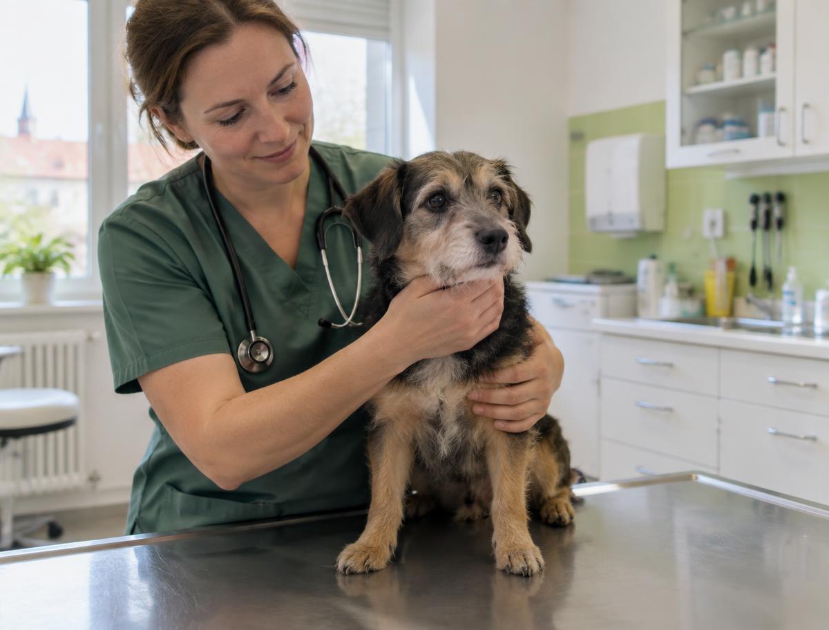 Veterinářka vyšetřuje psa na ošetřovacím stole