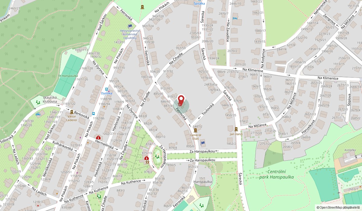 Mapa s vyznačeným místem – Veterinární ordinace Dejvice, Fetrovská 10, Praha 6 - 160 00
